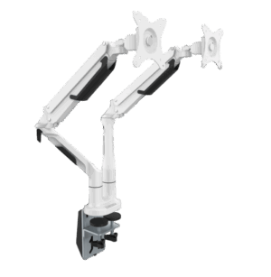 1723.01 – Dubbele Monitorarm met Gasveer | 17/32 Inch | Arm lengte 62 cm | Bureauklem + Bladdoorvoer set | Wit