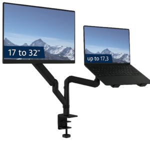 1743 – Laptop Set Up | Dubbele Monitor Arm | 17-32″ Scherm & Max 17.3″ Laptop | Bureauklem + Bladdoorvoer | Zwart